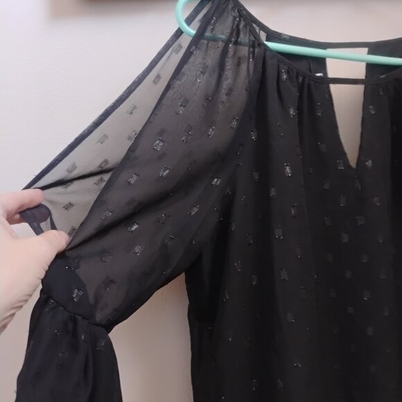 Byer M Black Sheer Chiffon Blouse Metallic Dot Pattern Open Shoulder Tiered Bell - Picture 3 of 10